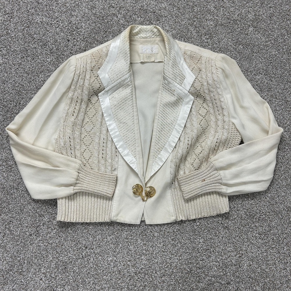 Vintage Cache Cardigan Sweater Womens Medium Cream Collared Cable Knit Button